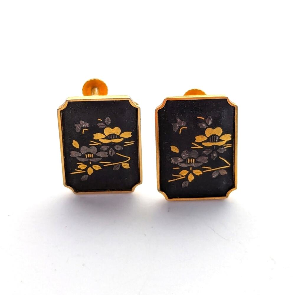 Vintage Amita Japanese Damascene Floral Gold Screwback Clip On Earrings